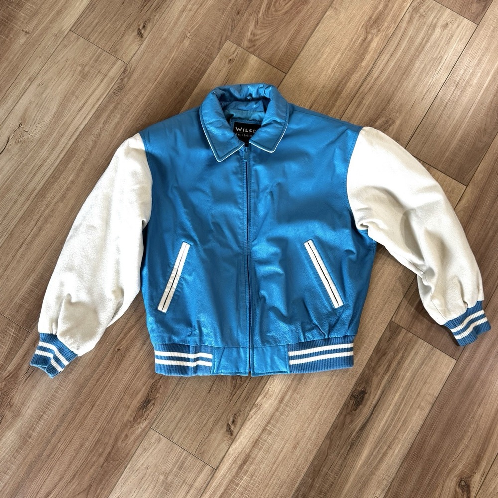 WILSONS LEATHER Varsity Bomber Jacket‎ Genuine Leather Wool Sleeve Blue Cream- M